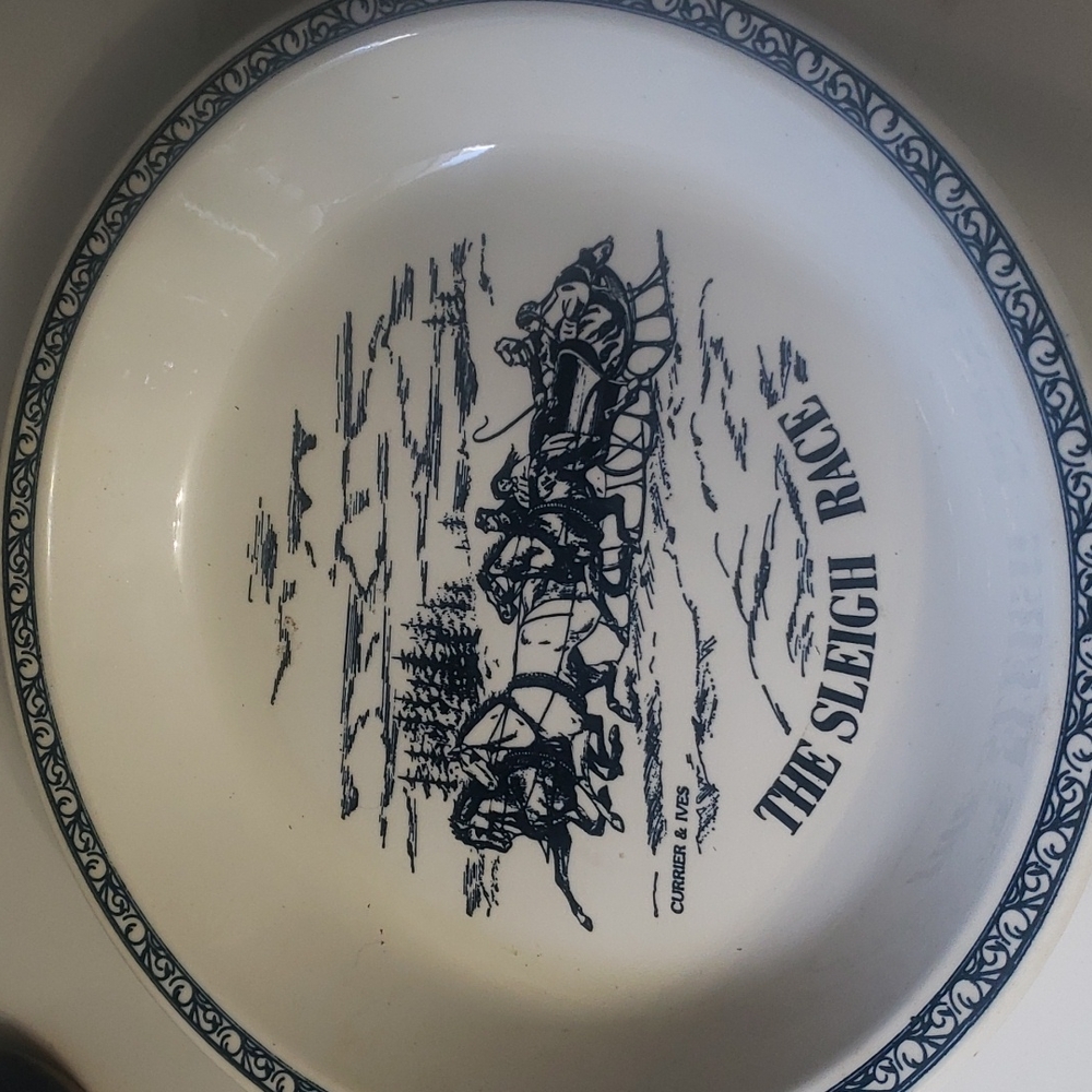 Vintage Royal Currier and Ives 10" Blue The Sleigh Race Pie Plate shallow bowl